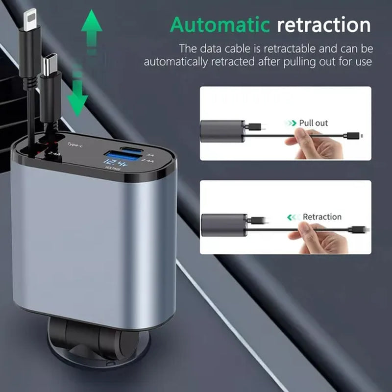 Car USB Cigarette Lighter Fast Charger (120W 4-Port Retractable Cable)